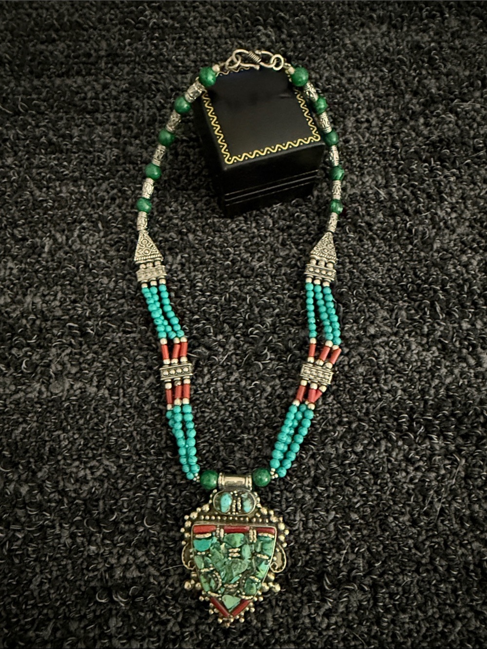 Turquoise and Red Beaded Pendant Necklace - Women's Jewelry